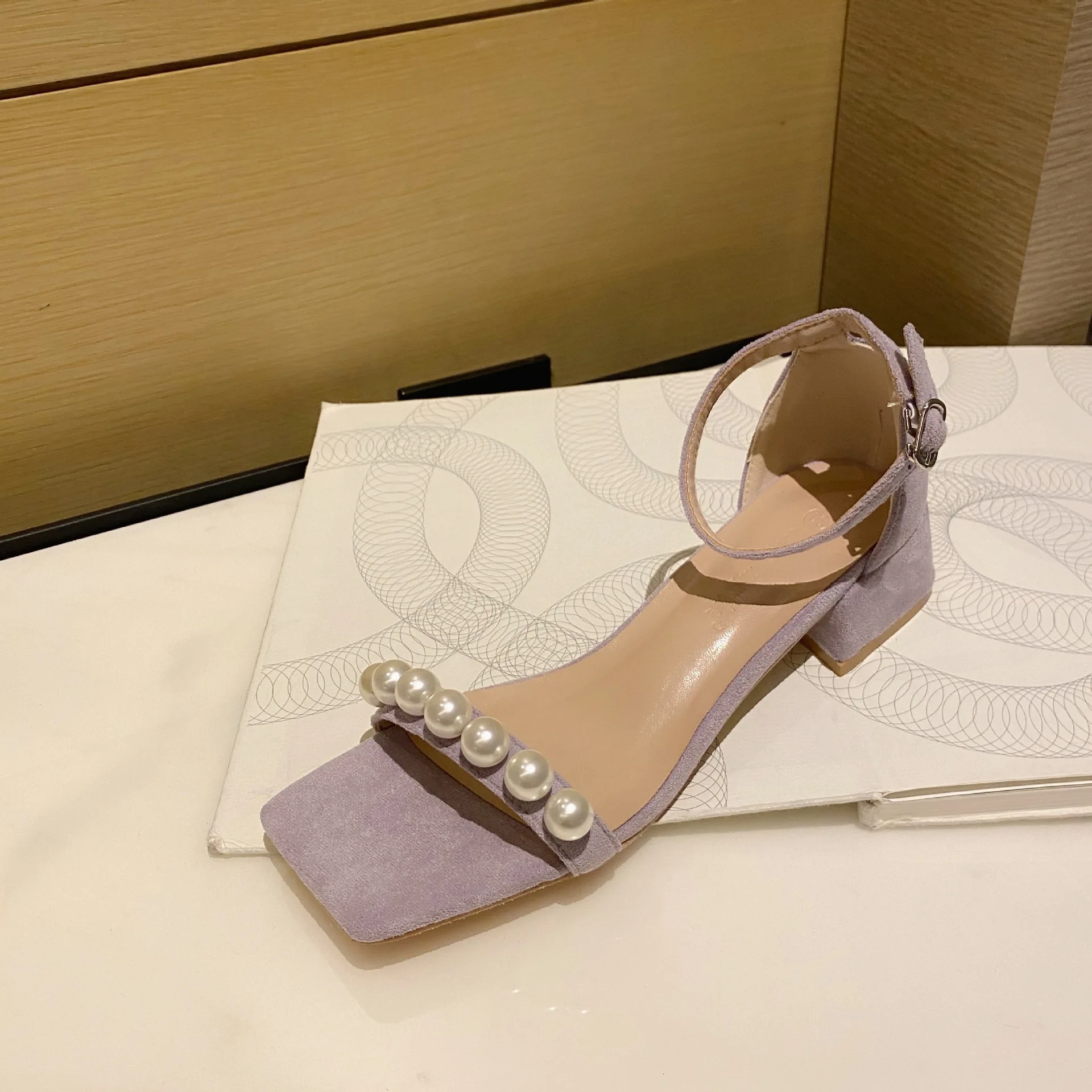 

All-Match Clear Heels 2021 Sandals Black Shoes for Women Buckle Square Toe Espadrilles Platform New Beige Pearl Comfort Summer G
