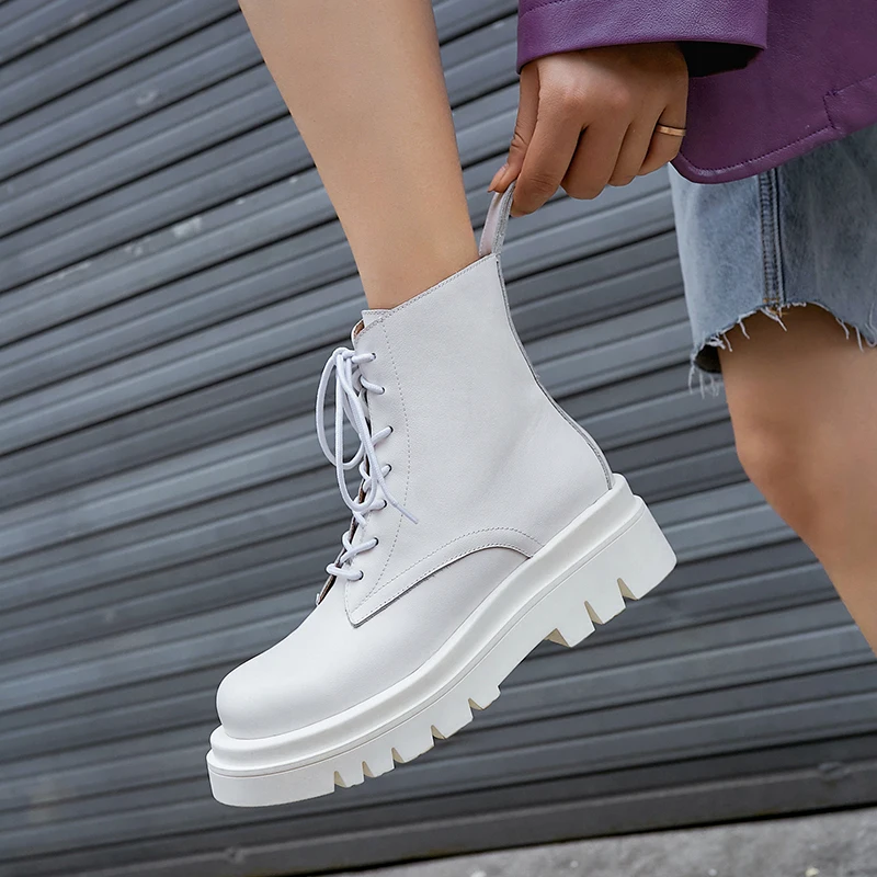 Online Sepatu Bot Pergelangan Kaki Kulit Asli Wanita 2021 Sepatu Bot Hangat Musim Dingin Pendek Wanita Sepatu Hak Platform Sepatu Bertali Untuk Wanita