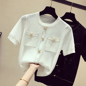 Тонкая футболка с вырезами, женская футболка на пуговицах, трикотажная, новые летние топы, Женская Повседневная футболка с коротким рукавом, женская футболка, 2021