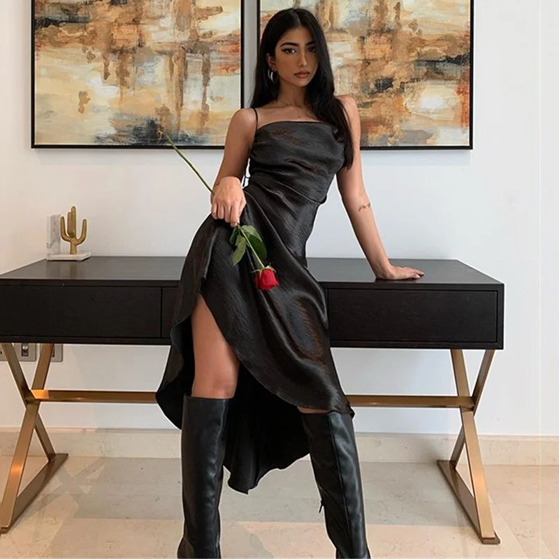 

Summer Dress Women Sexy Spaghetti Strap Backless Dress Metallic Satin Asymmetrical Long Dress Elegant Party Club Dresses 2021