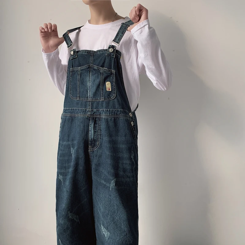 2021 High Quality Overalls Men's Loose Jeans Jumpsuits Big Pocket Hi Street Distressed Denim Bib Suspender Pants Blue Trousers