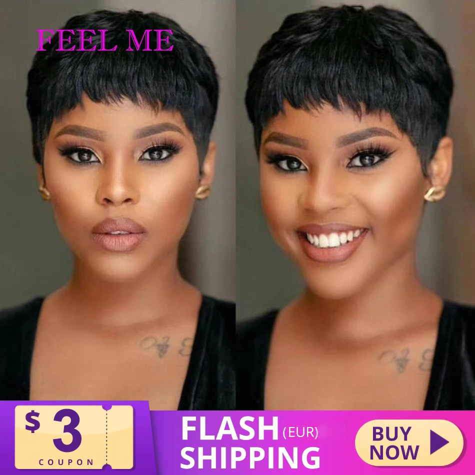 Парик FEEL ME Pixie Cut короткие прямые волосы человеческие Remy парики для чернокожих