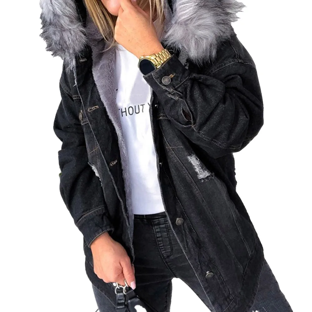

Women Cotton Padded Coat 2020 Fur Denim Jacket Hooded Winter Wear Fashion Simple Casual Overcoat Lady Fashion Warm Autumn