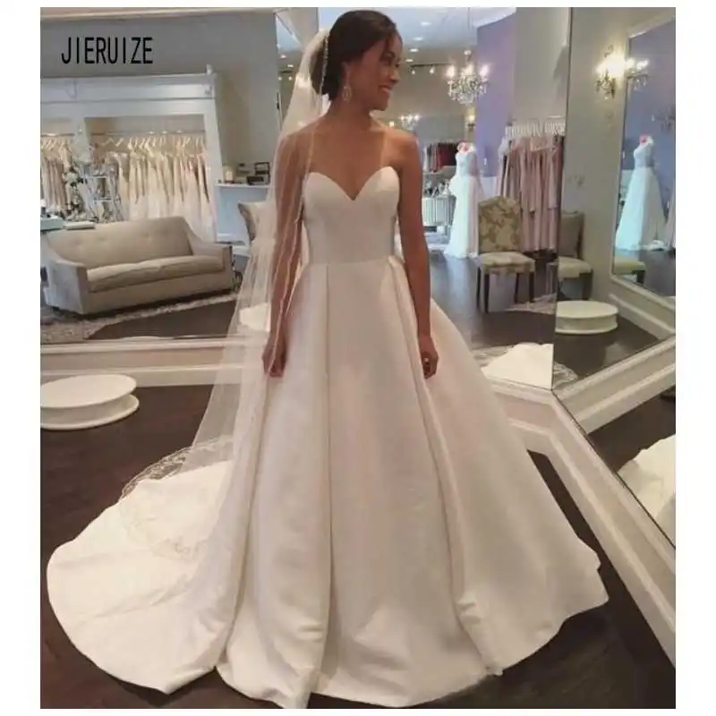 

JIERUIZE Simple Sweetheart A-line Wedding Dresses Lace Up Back Satin Draped White Wedding Gowns Vestido De Novia Bridal Gowns