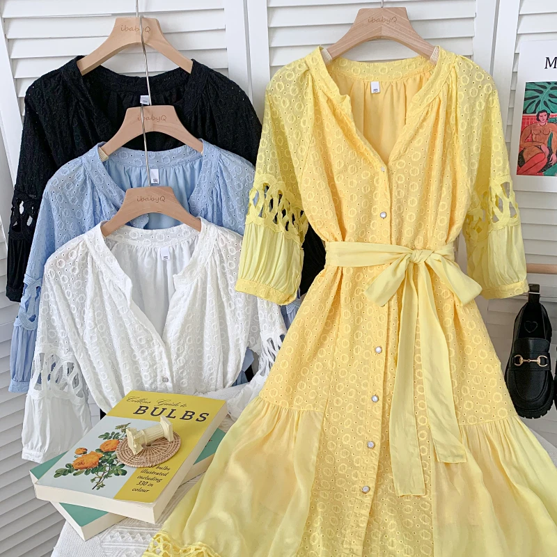 Летнее платье с длинными рукавами V-образным вырезом, вышивкой с открытыми участками, крючком и цветочным поясом на талии - "Платье летнего темперамента 2021".