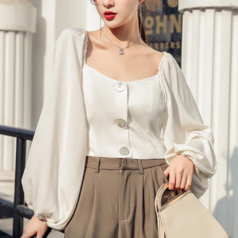 Новый 2021 Сезон весна-лето Элегантные женские Блузка с буфами на рукавах