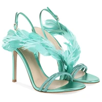 2021 summer shoes woman banquet high heels sandals fur feather thin heel sheepskin diamond party shoe sandalias femininas sandal