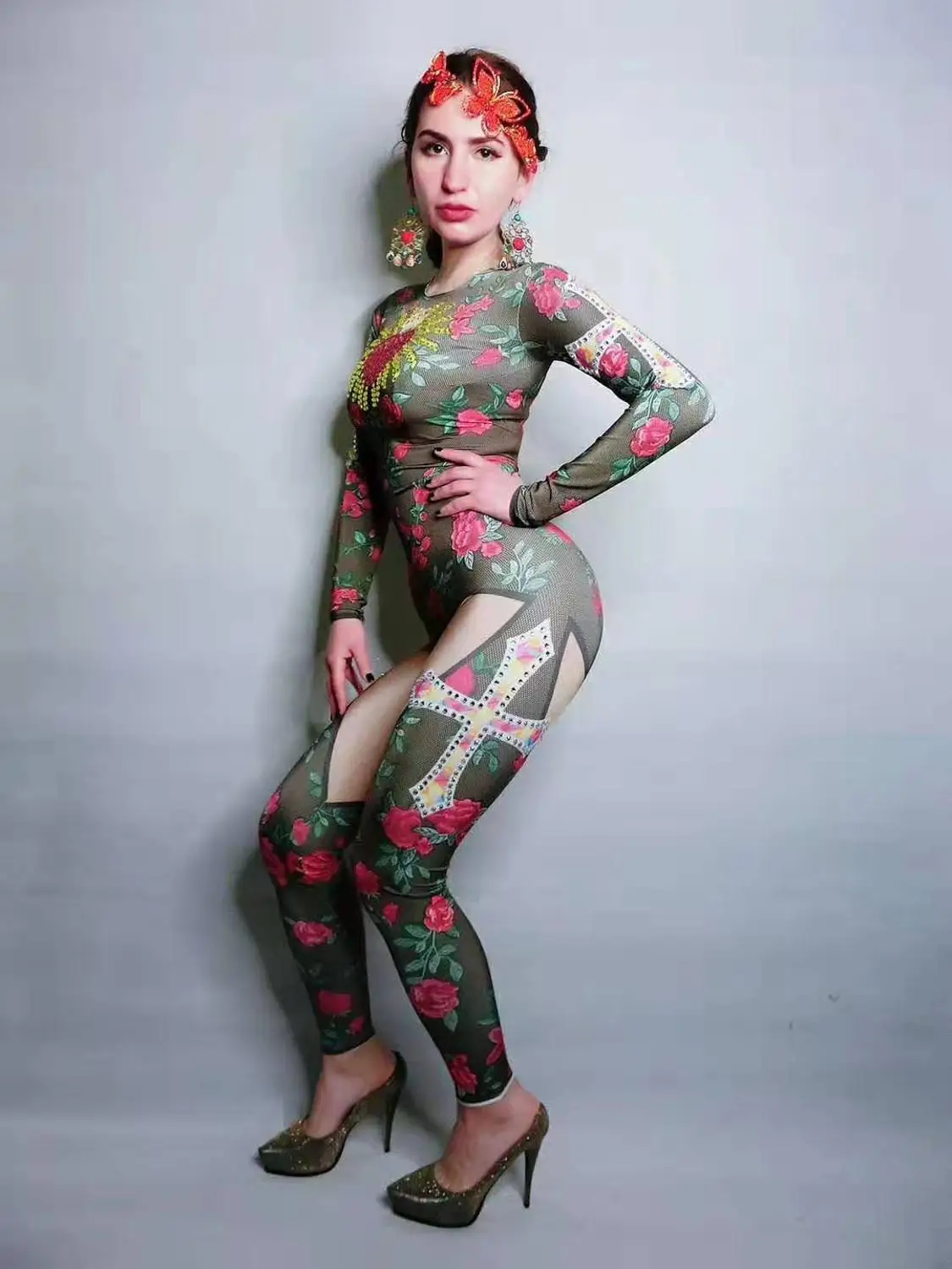 

Women Printing Pattern Sexy Bodycon Jumpsuits Stage Costumes Fashion Dancer Costumes Bodysuits Stretch Skinny Women Singer Wear