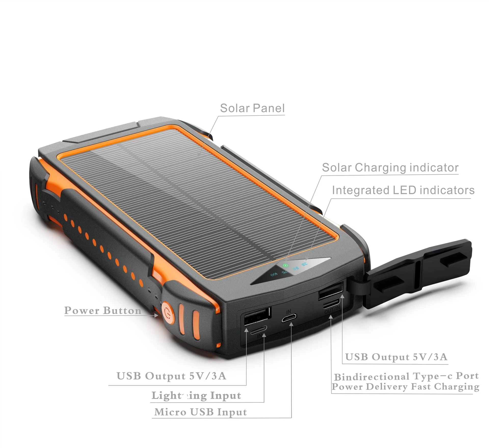 Внешний аккумулятор на солнечной батарее водонепроницаемый 100000 мАч USB-порты