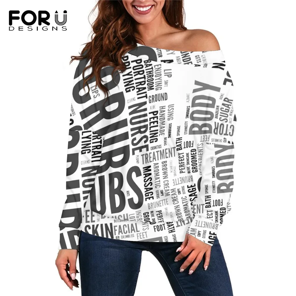 

FORUDESIGNS Women T Shirt Off Shoulder Tops Poster Letters Pattern Sweatshirts Street Long Sleeves Tee Clothing for Female Mujer