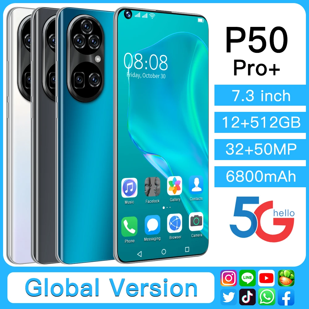

P50 pro 7.3 Inch Global Smartphone Really 12GB+512GB Android 10 Core 5G 6800mah 32+50MP Unlocked Cheap Free Telephone Celulares