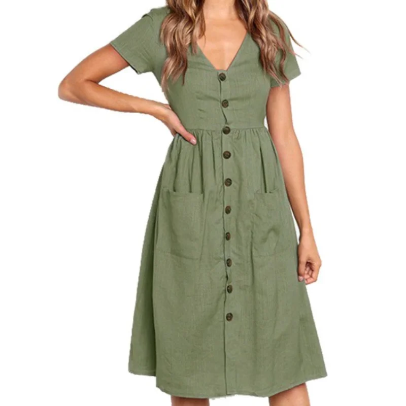 

Хлопковое женское летнее платье COZOK 2020, повседневные платья миди с V-образным вырезом, пуговицами, карманами и коротким рукавом для женщин, п...