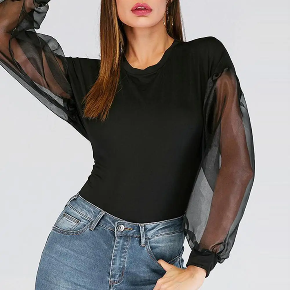 Модное женское полупрозрачное однотонное эластичное трико с длинным рукавом