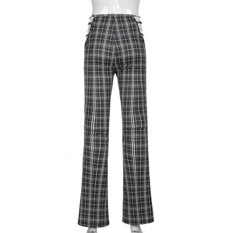 

Rapcopter Vintage Plaid Pants Y2K Chain Patched Trousers Sexy Hollow Out Pants Women Casual Flare Pants Trendy Streetwear Chic