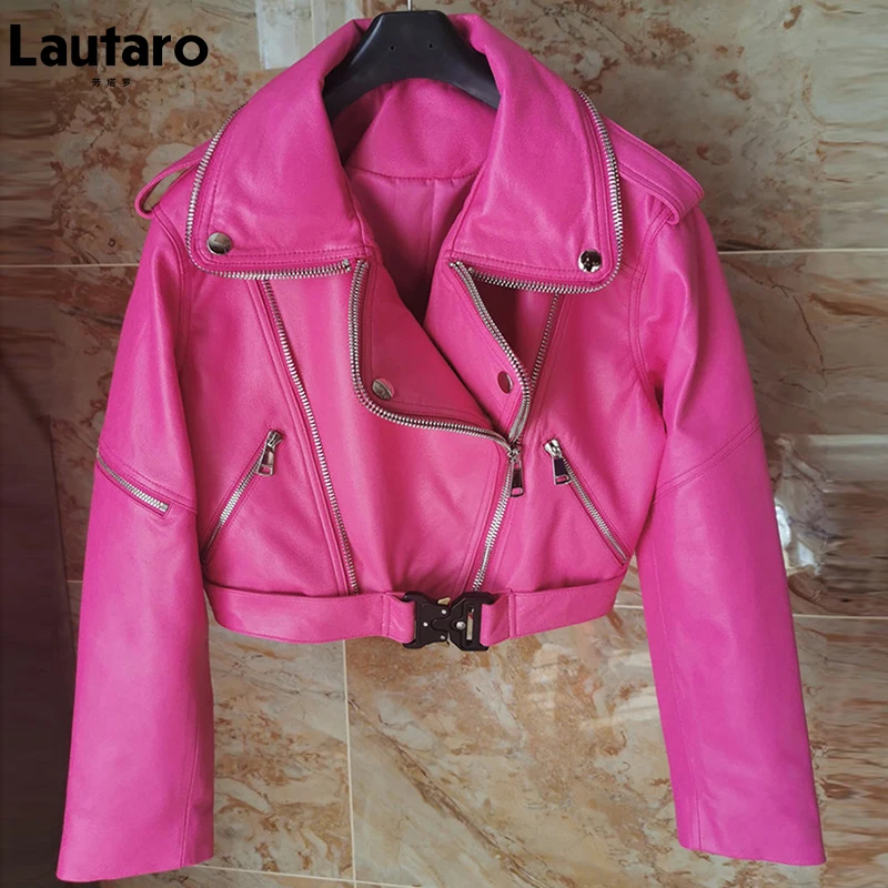 Lautaro Autumn Short Green Soft Faux Leather Biker Jacket Women Long Sleeve Zipper Belt Designer European and American Fashion