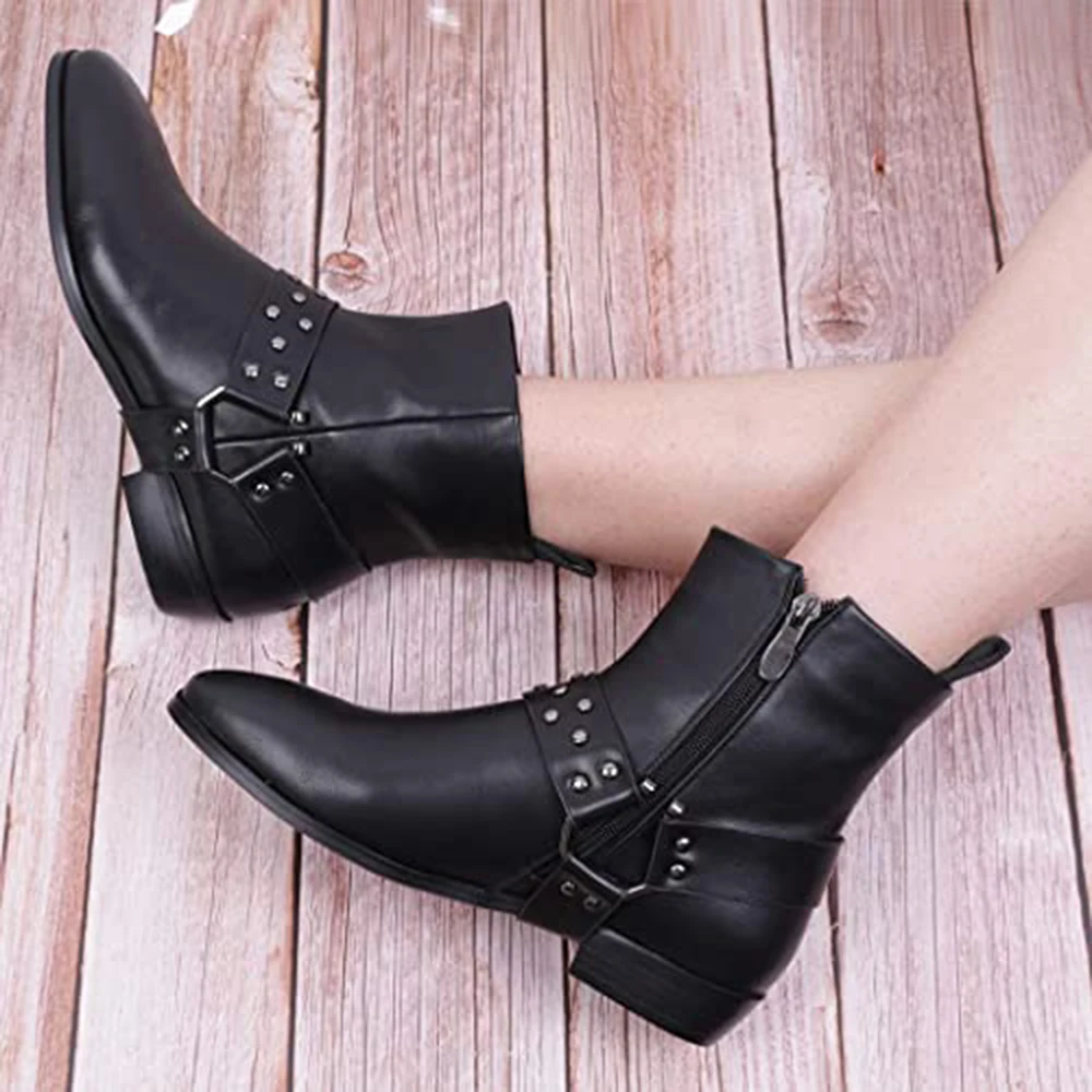 ISNOM женские ботильоны Туфли без каблуков круглый носок на ремешке с заклепками