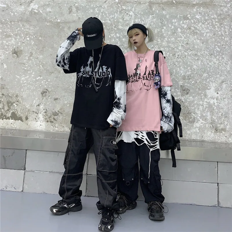 Woherb, Harajuku, футболка из двух частей, женская и Мужская модная уличная одежда, топы с буквенным принтом, повседневные топы с длинным рукавом, футболки