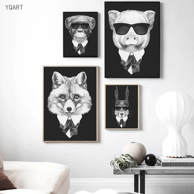 Современная Картина на холсте черные белые нежные животные с костюмом настенные