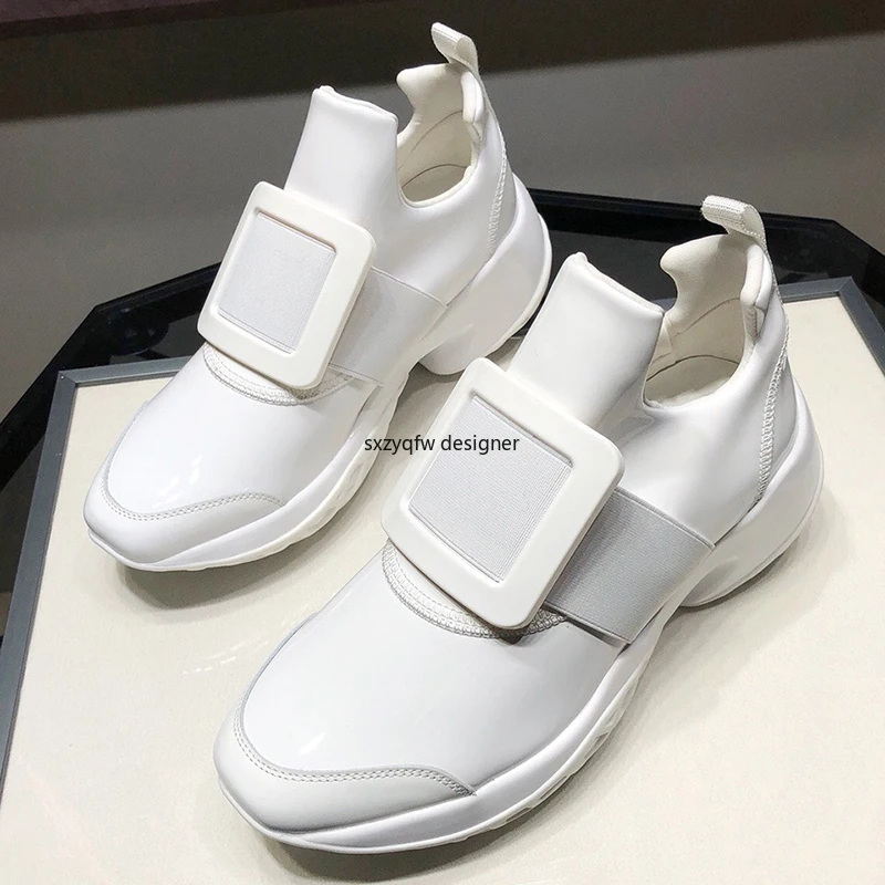 Кроссовки женские из лакированной кожи на резинке с квадратной пряжкой|Женские