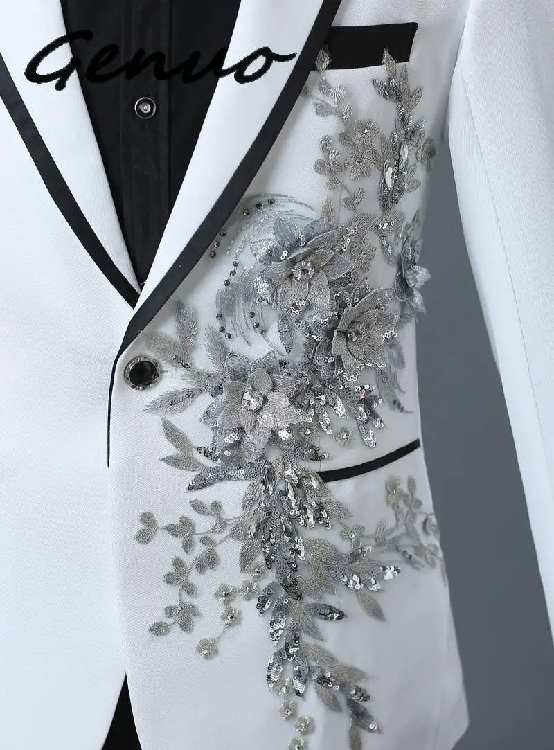 

Genuo New 2019 Male Double-side 3D Crystal Embroidery Flowers Stage Singer Nightclub Suit Jacket Tide Bar Mens Wedding Blazer
