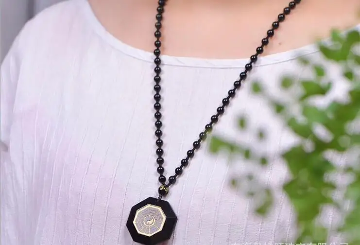 Натуральный обсидиан Золотое Тиснение Багуа кулон для мужчин и женщин ожерелье