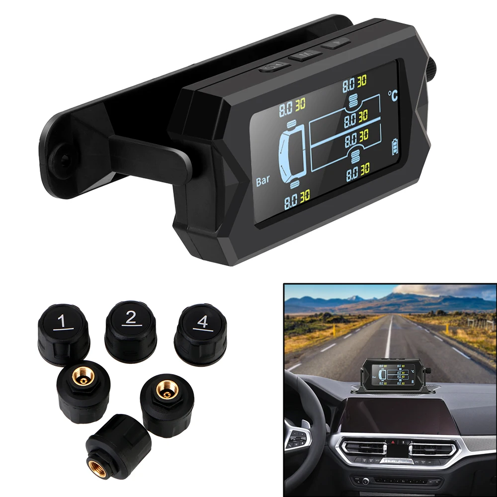

With 6 External Sensors Wireless Solar Car RV Truck TPMS Tire Pressure Monitoring System Digital LCD Alarm