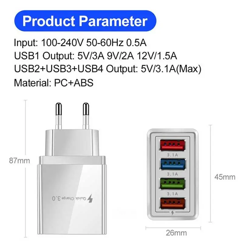 

New 4 in 1 Multi-port USB QC 3.0 Quick Charger Adapter 100-240V EU/US/UK Plug Fast Charging Outlet Plug For iPhone/Huawei/Xiaomi