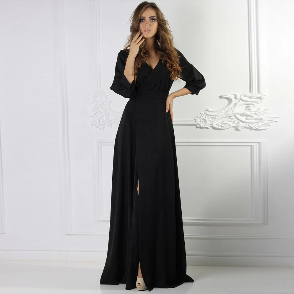 

Черное вечернее платье с длинным разрезом и рукавом 3/4, соблазнительное летнее пляжвечерние вечернее платье с V-образным вырезом для женщин,...
