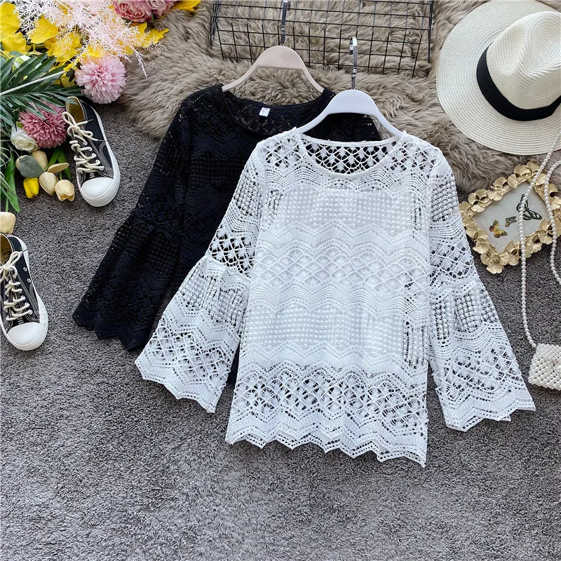 Женская блузка с длинным рукавом элегантная кружевная круглым вырезом и