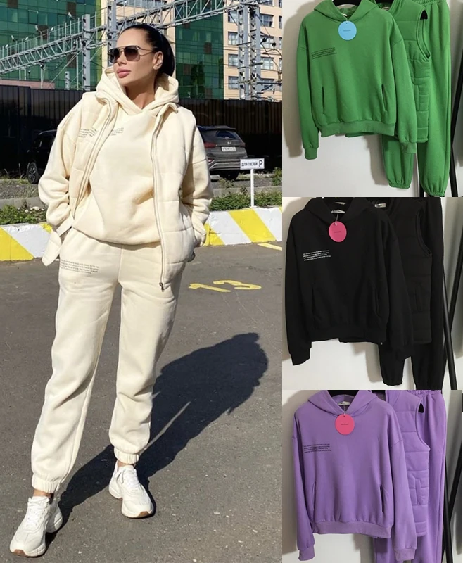 

Women Men Letter Printed Warm Plush Hooded Sweater Elastic Waist Casual Pants Jacket Vest Coat Warm Sports Three Piece Suit Pang