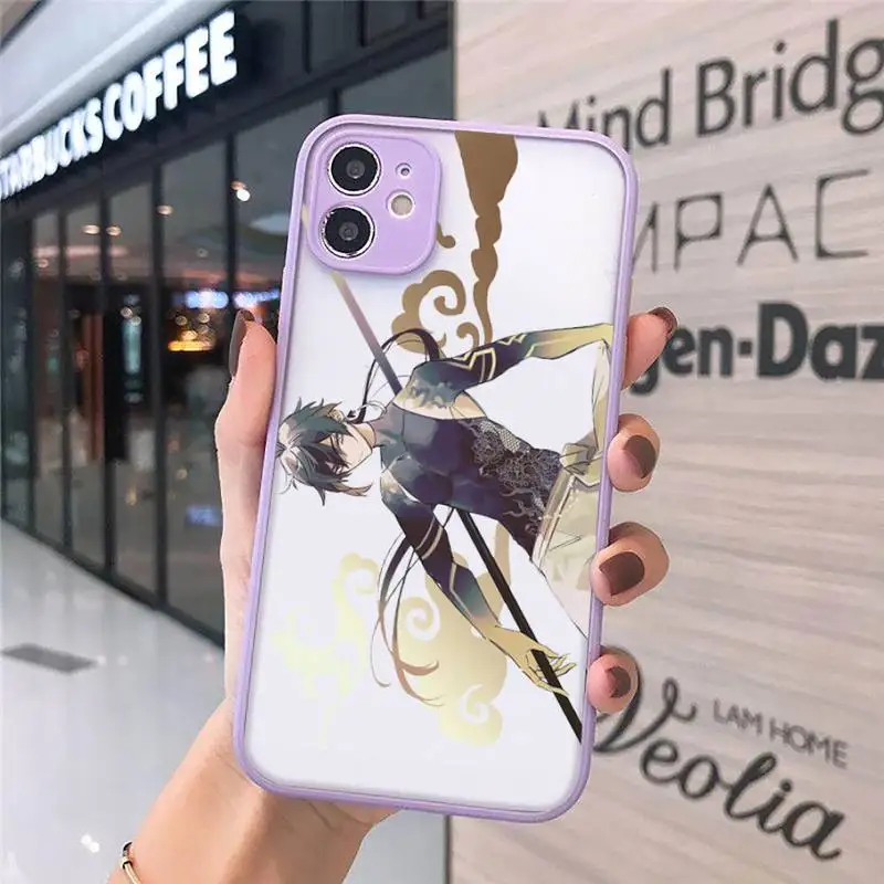 

Genshin impact zhongli Phone Case For iPhone 12 11 Mini Pro XR XS Max 7 8 Plus X Matte transparent Purple Back Cover