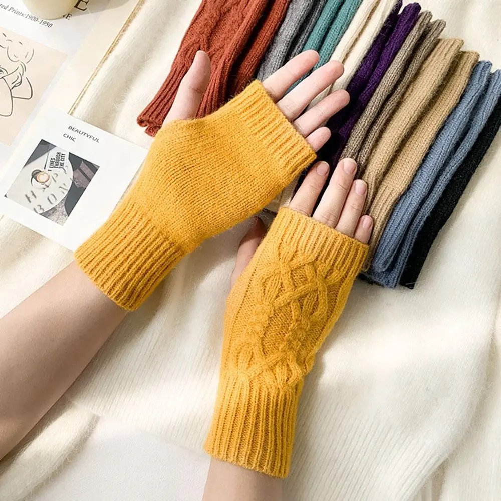 

Mittens Autumn And Winter Elastic Driving Gloves Knitted Mittens Female Gloves Half-finger Gloves Twist Gloves