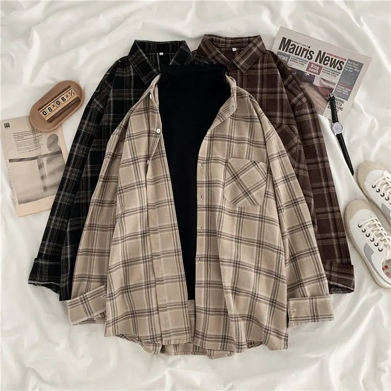 

Women Plaid Shirts Oversized Blouse Long Sleeve Tops Female Vintage Girl Autumn Spring Korean Style Casual Outwear Mujer Blusas