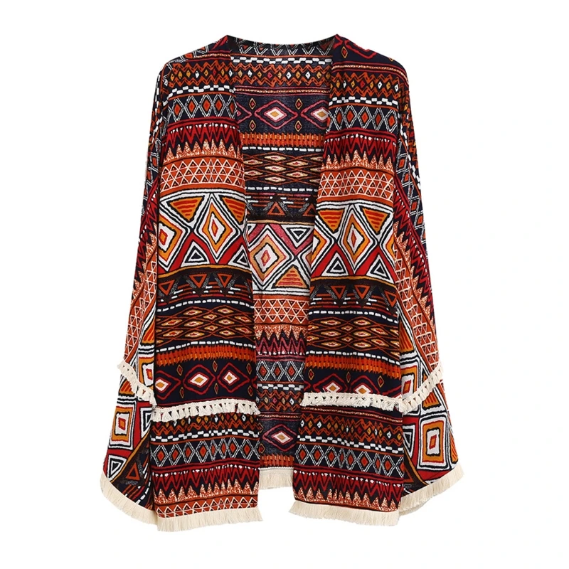 

F62E Women Geometric Pattern Open Front Kimono Cardigan Tassels Swimsuit Cover Up