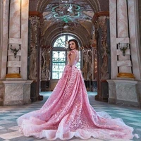 luxury pink lace cap sleeves bridal gown tailor made mermaid sweep train saudi arabia evening gown with pearl belt sheer neck