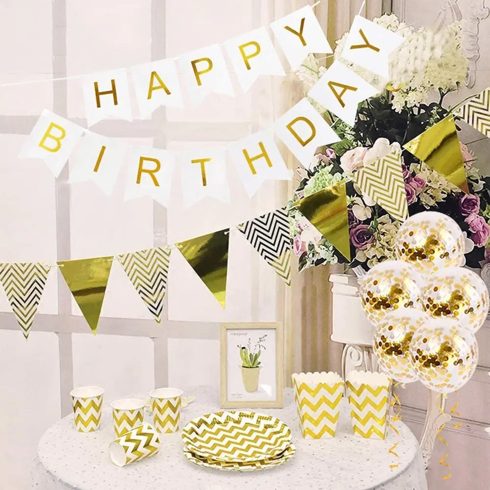 

1th Birthday Decoration Gold Theme Happy Birthday Banner Garland Confetti Star Balloon Supplies for Baby Kids Adult Party Decor