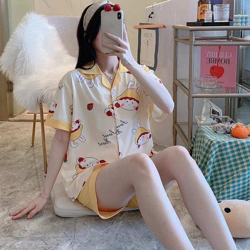 Cardigan Pajamas Women's Hat Girls' Summer Short-Sleeved Cotton Suit Loose Thin Spring and Autumn Home Wear Can Be Worn outside