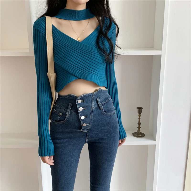 

2021 Knitted Women Sweater Sexy Off Shoulder Pullovers Long Sleeve Autumn Basic Women Sweaters Slim Fit Top 126#