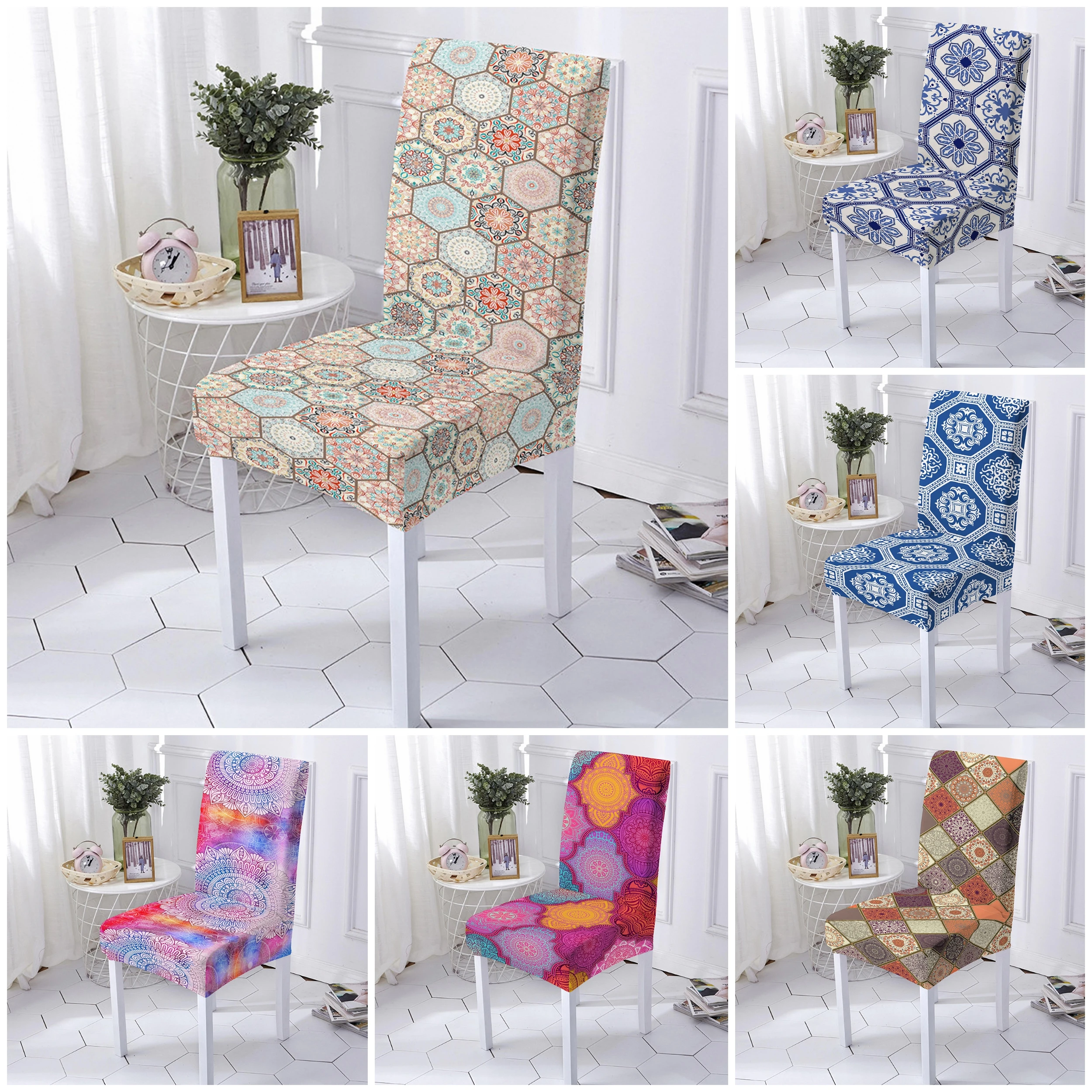 

Spandex Elastic Chair Covers Dining Room Mandala Chair Slipcover Furniture Cover for Kitchen Home Wedding Hotel 1/2/4/6 PCS