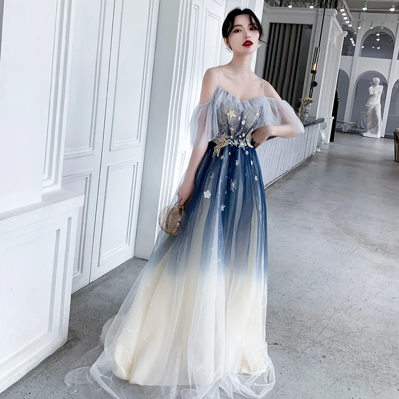 Элегантные градиентные вечерние платья ES3113 трапециевидные с рюшами v образным