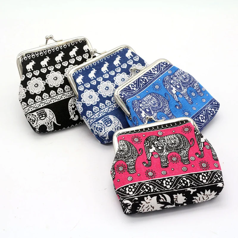 

National Women Coin Bag Canvas Printing Flower Elephant Lady Female Small Coin Wallet Purse Hasp Card Key Money Clutch Pouch