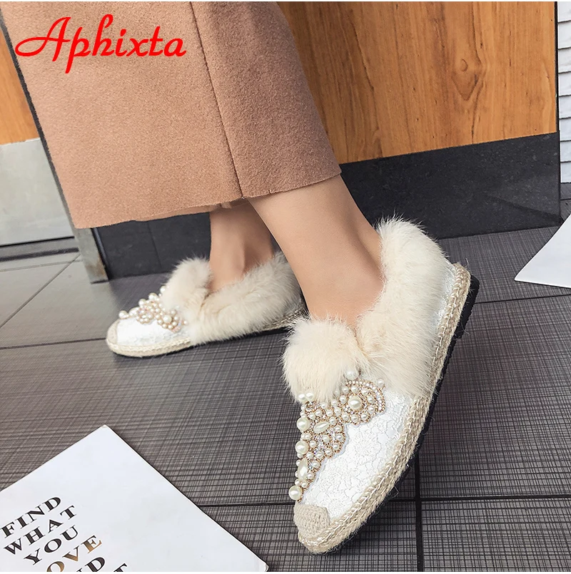 Aphixta зимние теплые тапочки с натуральным мехом; женская обувь на шнуровке с жемчугом и кристаллами; шикарная плюшевая женская обувь с натуральным кроличьим мехом