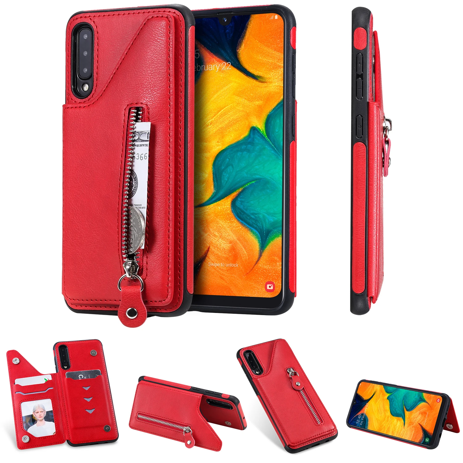 Красный Классическая сумка на молнии для samsung Galaxy A50 ударопрочный кошелек задняя крышка чехол с отделениями для карт для A30S/A50/A50S - Цвет: Красный