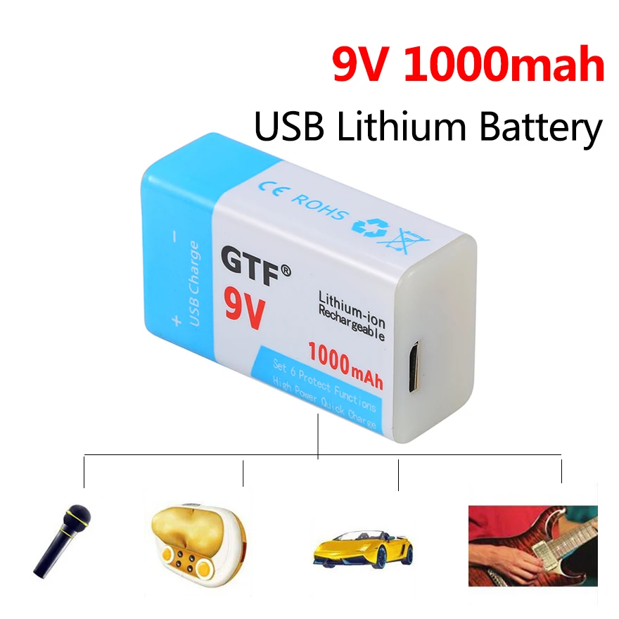 1000 mаh 9В USB Батарея 9V 6F22 зарядка через Перезаряжаемые литий для мультиметр