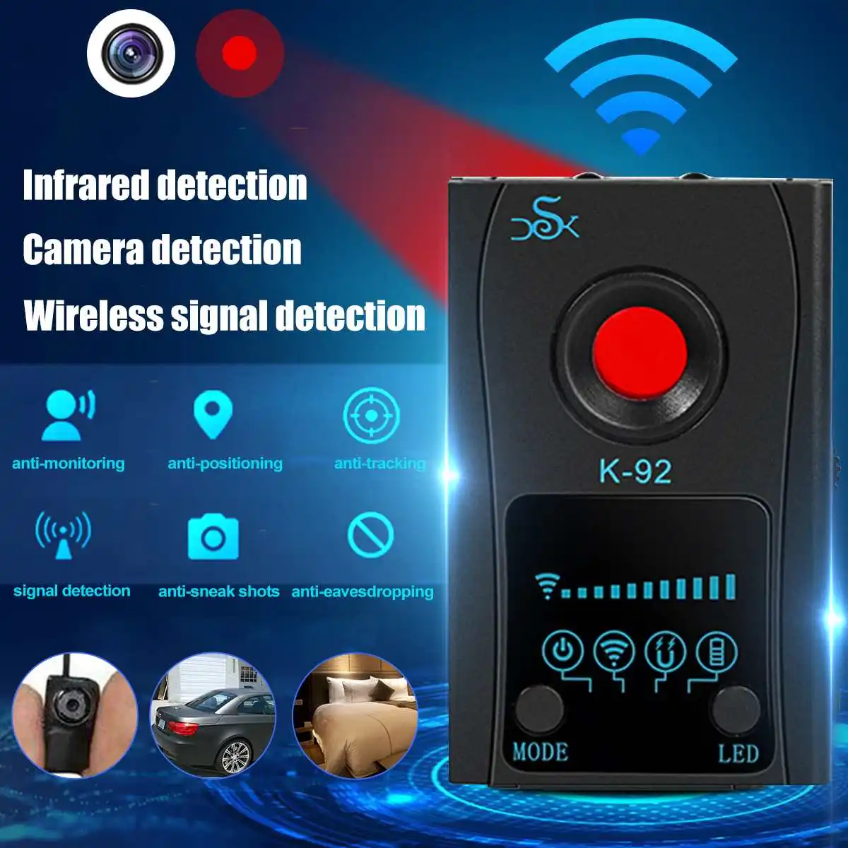 

Multi-function Anti Detector Camera GSM Audio Bug Finder GPS Signal Lens 1MHZ-8000MHZ RF Detector