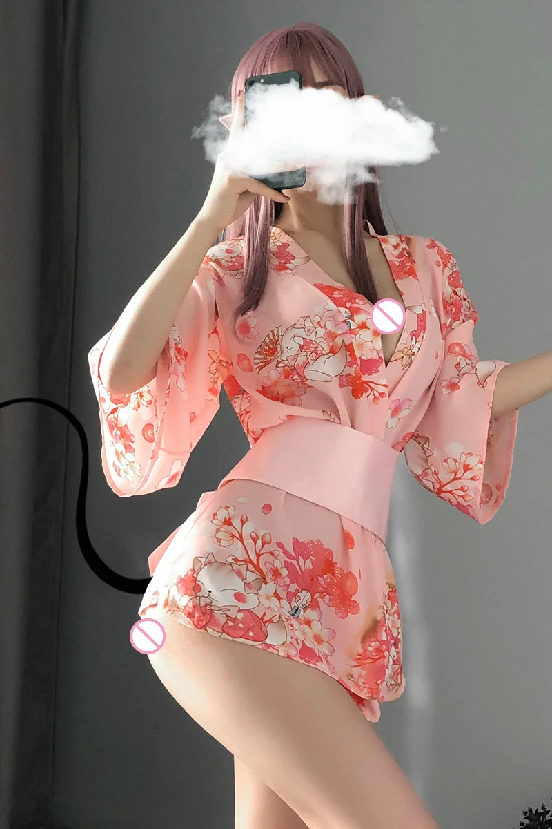 

Anime Cosplay Lingerie Japanese Kimono Robe Maidservant Pink Sleepwear Halloween Costume for Women Sexy Uniform Maid Dress Belt