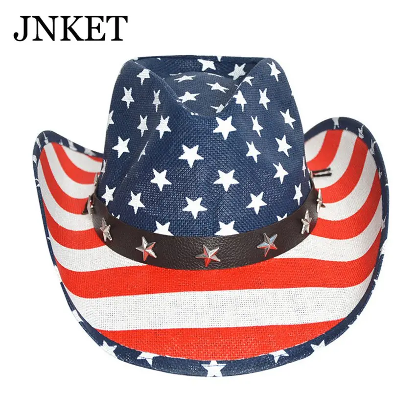 

JNKET New Summer Men Women Straw Hat American Flag Hat Fedoras Hat Gangster Cap Beach Hats Panama Hat