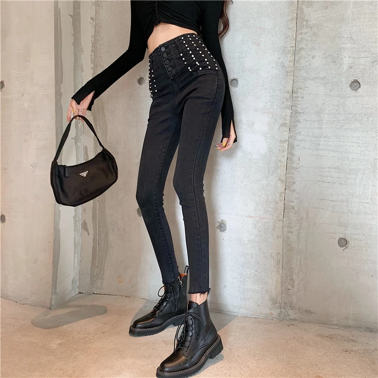 Корейские женские узкие брюки-карандаш с высокой талией, стразы из бисера, джинсовые штаны, сексуальные модные Леггинсы Стретч, джинсы до щиколотки, узкие брюки