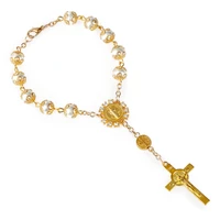 religious vintage prayer women christian bead chain glass pearl bead religious catholic rosary bracelet gold color