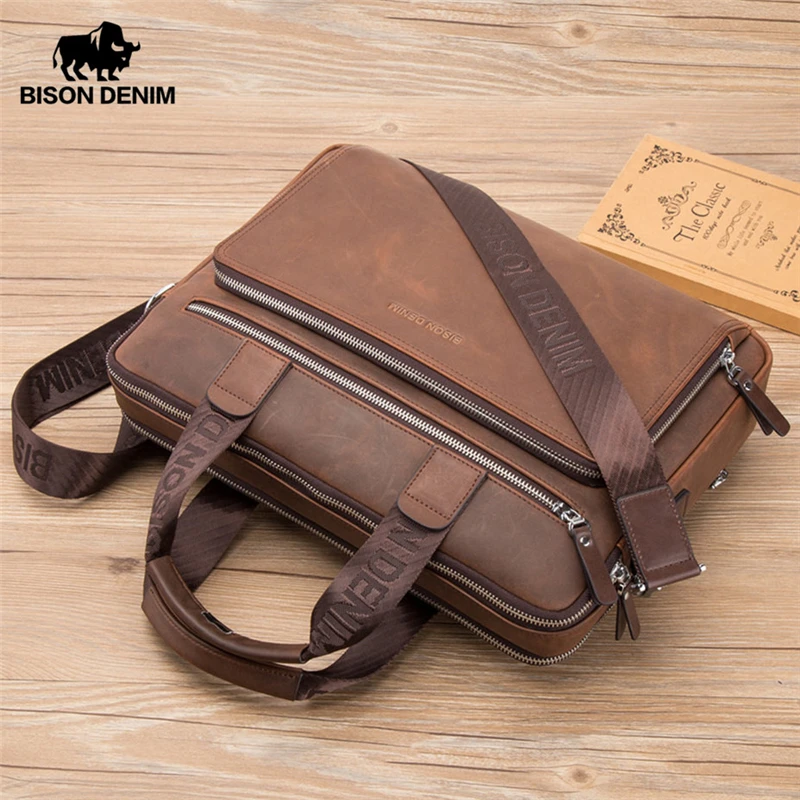 Бренд BISON DENIM, мужской портфель, сумка-портфель, Сумки из натуральной кожи, 14 дюймов, сумка для ноутбука, бизнес сумки через плечо, N2333-3